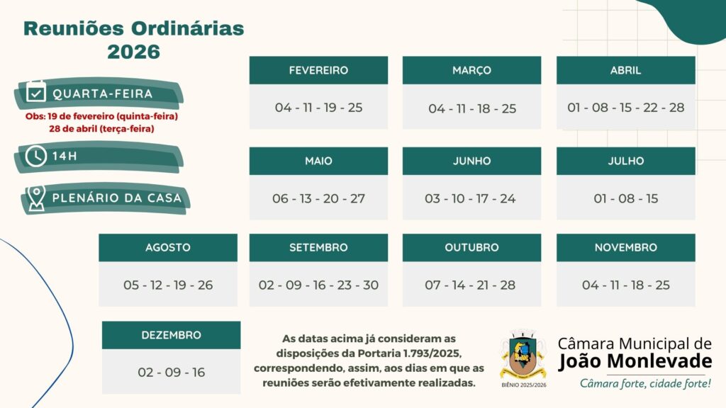 Calendário divulgado pela Câmara de João Monlevade